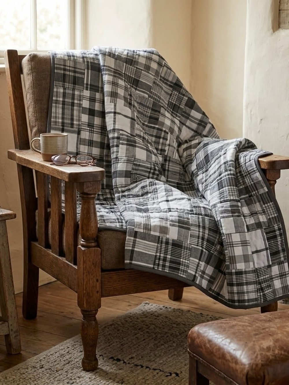 Handmade Monochrome Tweed Plaid Patchwork Queen Size Cotton FINISHED Quilt